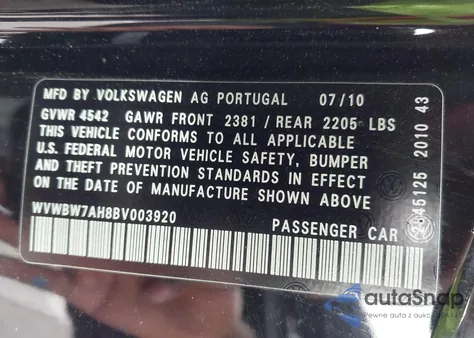 2011 Volkswagen Eos Komfort z USA, uszkodzony, nr VIN WVWBW7AH8BV003920